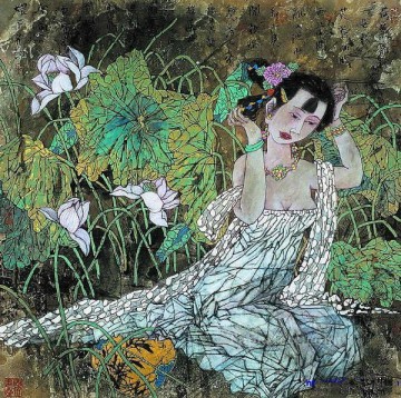 Xu Huiquan Chinese girl and lotus 2 Oil Paintings